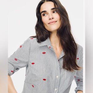 EUC JCrew Size Med Striped Buttondown with Red Lips